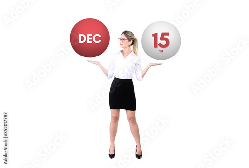 December 15th calendar background. Day 15 of dec month. Business woman holding 3d spheres. Modern concept. © unkboy