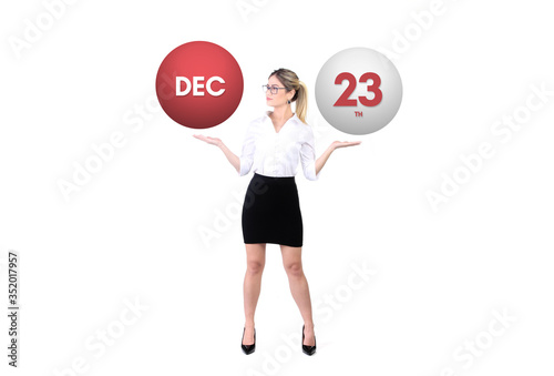 December 23th calendar background. Day 23 of dec month. Business woman holding 3d spheres. Modern concept.