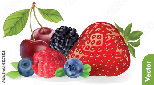 Pile of fresh berries on isolated background. Strawberry, cherry, blackberry, blueberry, bilberry, raspberry. 3d realistic vector illustration of berries mix.