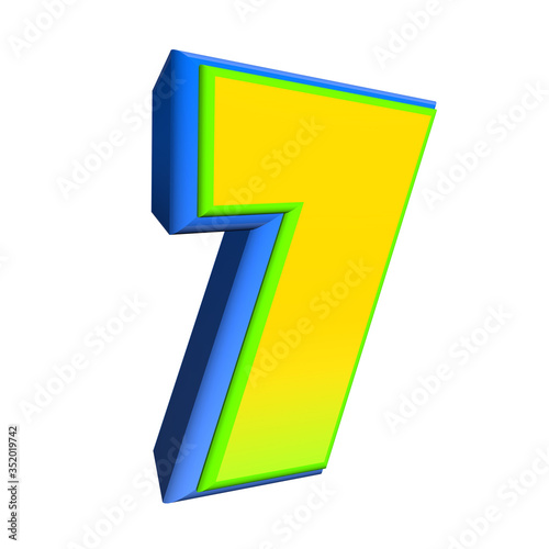 Comic style number seven, 7. Creative high detail yellow and blue comic font.Multilayer funny colorful 3d render letters and figures for decoration of kids' illustrations, websites, comics, banners.