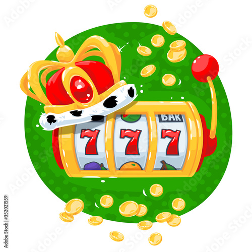 King slot machine with lucky sevens jackpot on green, isolated on white