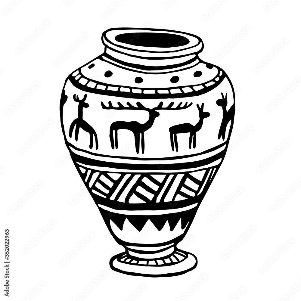 a vase with  black ornament & simple pattern of deer silhouettes, ancient pottery, museum exhibit, vector illustration with contour lines isolated on white background in doodle and hand drawn style