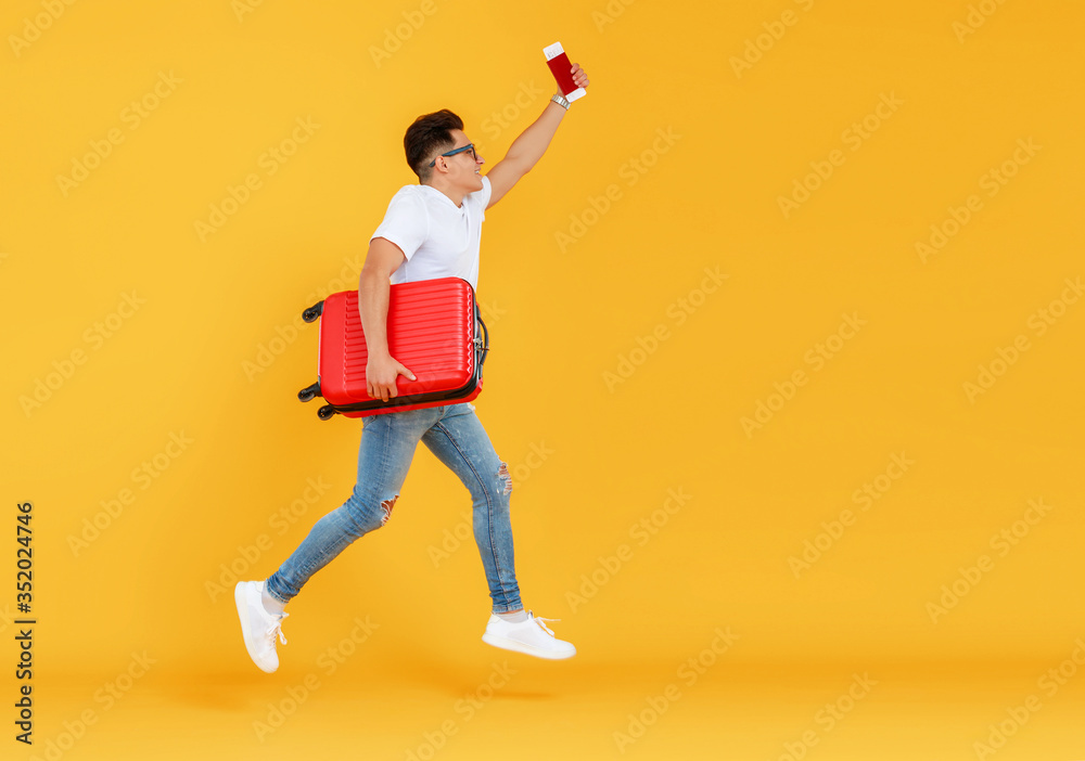Male tourist jumping and taking selfie. Male tourist jumping and taking selfie.