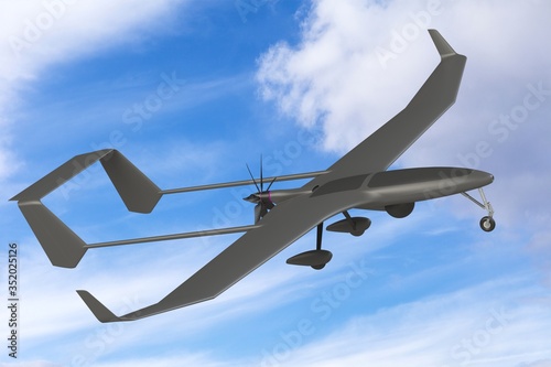 Unmanned military drone uav on patrol air territory at low altitude. 3D render