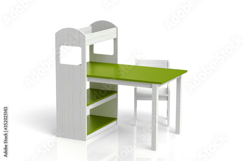 Furniture for children. Table with whatnot. Highchair. 3D render.