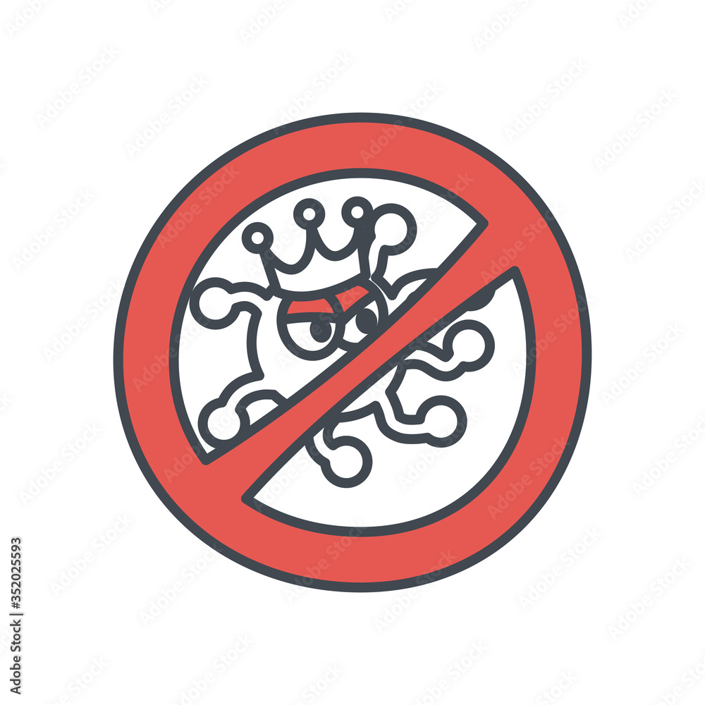 Covid 19 virus cartoon with crown inside forbidden symbol flat style icon vector design Covid 19 virus cartoon with crown inside forbidden symbol flat style icon vector design