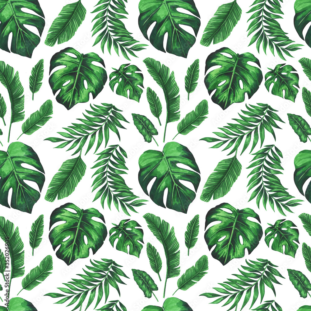 seamless pattern with green leaves monstera