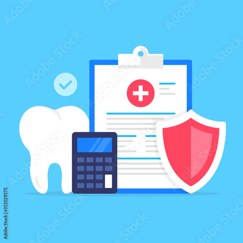 Dental insurance. Vector illustration. Health insurance, healthcare, claim form, medical care concepts. Modern flat design. Clipboard with medical document, shield, calculator, tooth and check mark