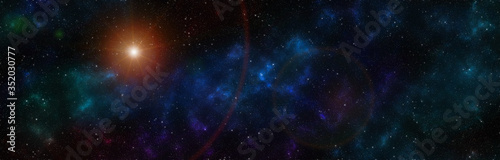 Starry night sky space background with nebula in deep space and lens flare.