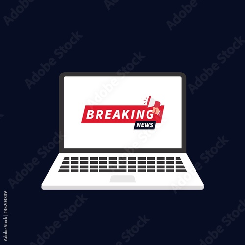 Breaking news banner template. Breaking news with laptop , flat vector illustration
