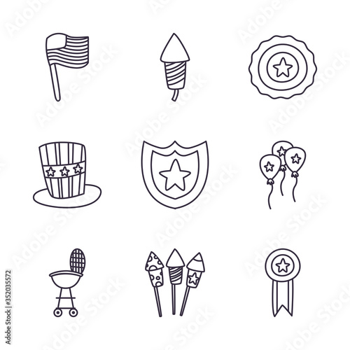 Independence day line style icon set vector design