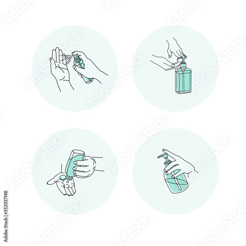 Antiseptics and hands set, sanitizers, drawing icons