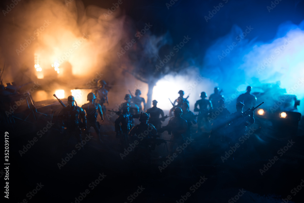War Concept. Battle scene on war fog sky background, Fighting silhouettes Below Cloudy Skyline at night. War Concept. Battle scene on war fog sky background, Fighting silhouettes Below Cloudy Skyline at night.