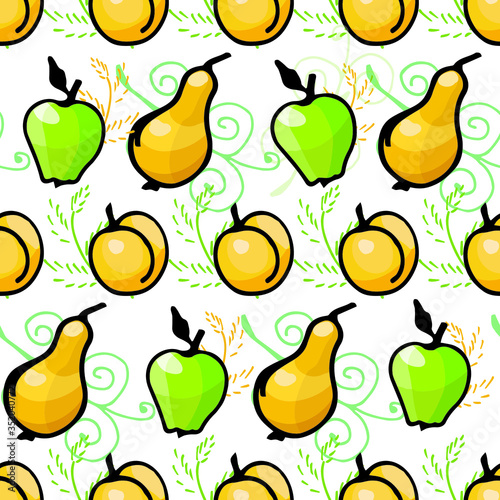 vector seamless background of pears, peaches and apples on color background, isolated images, Doodle, hand drawing