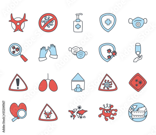 Medical care and covid 19 virus flat style icon set vector design