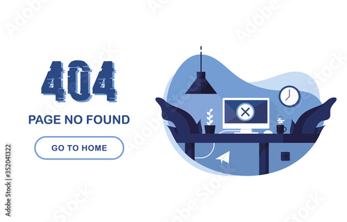 404 error page not found. Go to home banner. System error, broken page. Interior with computer and desk. For website. Problem Report. Blue and White. Eps 10