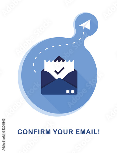 Vector banner illustration of email marketing & message concept with "email" send message and message notification sign. Letter, sheet in an envelope, checkmark. Blue and White. Eps 10