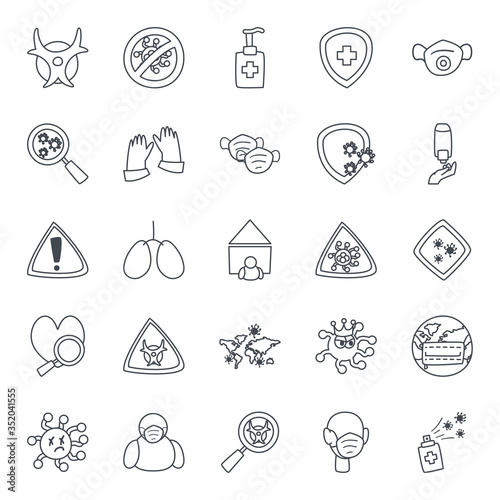 Medical care and covid 19 virus line style icon set vector design