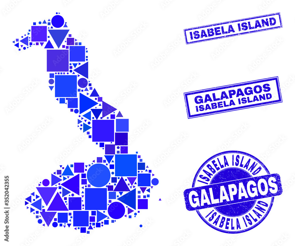 Vector mosaic Isabela Island of Galapagos map. Geographic plan in blue color shades, and grunge round and rectangle stamp seals. Abstract mosaic of Isabela Island of Galapagos map done of round,