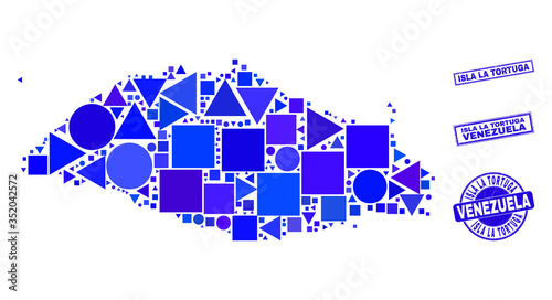 Vector mosaic Isla La Tortuga map. Geographic scheme in blue color shades, and corroded round and rectangle seal stamps. Abstract mosaic of Isla La Tortuga map combined of round, tringle,