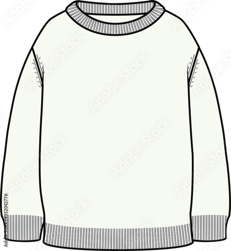 KNIT SWEATER, Fashion Flat Sketch, apparel template, vector. BASIC LONG SLEEVE SWEATER