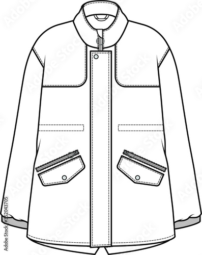 Women's coat, Fashion flat sketch. Technical drawing APPAREL template.
