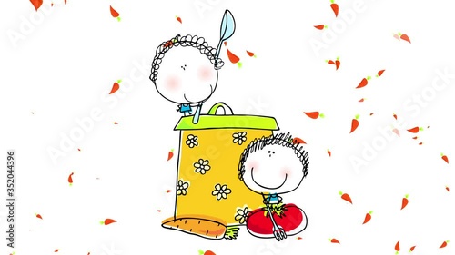 drawing of two young girls composing gradually posing besides a big pot with flowers pattern playing with clutery and carrots appearing and fading on background photo