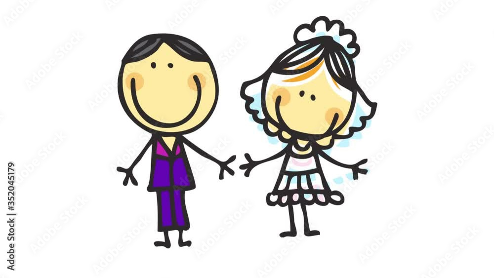 doodle of bride and groom wearing a cute little wedding dress and a purple suit posing for a picture smiling and celebrating a great love doodle of bride and groom wearing a cute little wedding dress and a purple suit posing for a picture smiling and celebrating a great love