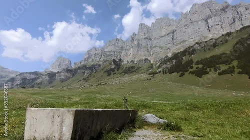 KLAUSENPASS, SWITZERLAND - AUGUST 6, 2018: The Klausen Pass - 1948 m - is a pass crossing in the Swiss canton of Uri. The pass leads from Altdorf through the Schachental over the pass to Linthal photo