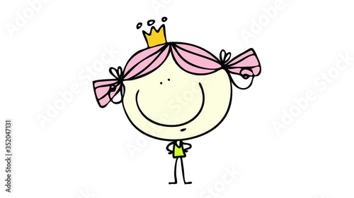 happy adolescent girl wearing a green dress a tiara and purple ponytails standing in the middle of the screen with pride demonstrating she has won a beauty contest