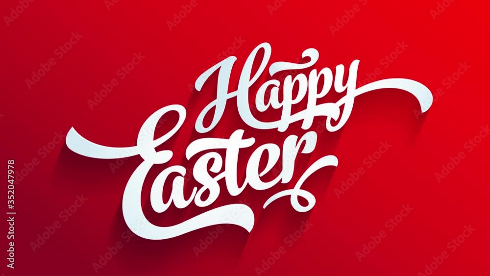 red happy easter greeting card for egg hunt party with calligraphy elements with 3d effect on brilliant background