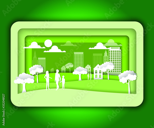 Paper art of Living the family life of the people in the city. Families participate in outdoor activities in the garden with trees and grass. Paper cut flat-style vector illustration.