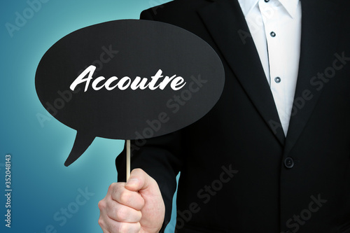 Accoutre. Lawyer (Man) holds the sign of a speech bubble in his hand. Text on the label. Symbol of law, justice, judgement photo