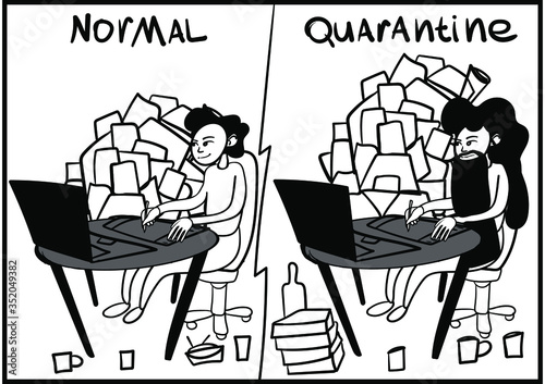 Linear quarantine works comic. Vector freelancer after self-isolation. A cheerful illustration of the life of a designer at remote work. Simple doodle character on a white background for print.