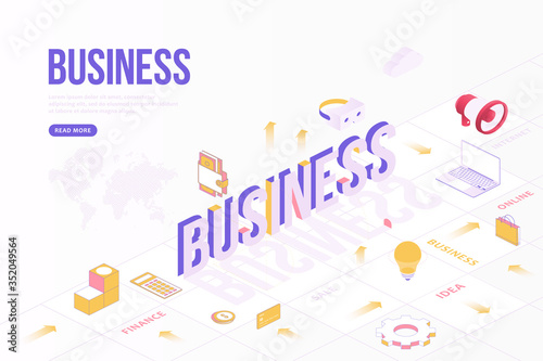 Business web banner concept. Creative design template with Isometric objects and three dimensional text with world map. Idea, Internet, sale, business, finance and more. 