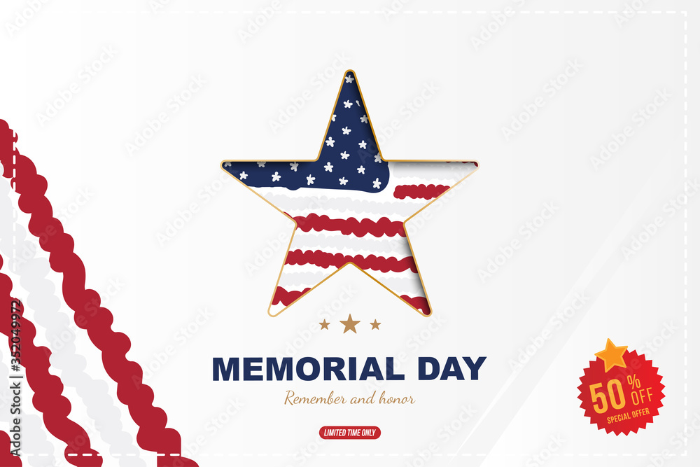 Happy Memorial Day. Greeting card with original font and USA flag. Template for American holidays.