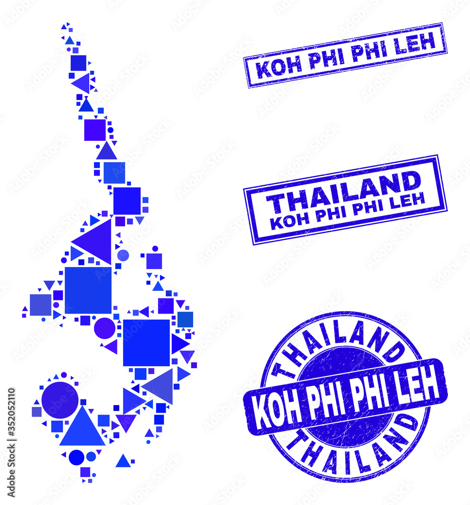 Vector mosaic Koh Phi Leh map. Geographic collage in blue color hues, and textured round and rectangle seals. Abstract collage of Koh Phi Leh map created of round, triangles, Vector mosaic Koh Phi Leh map. Geographic collage in blue color hues, and textured round and rectangle seals. Abstract collage of Koh Phi Leh map created of round, triangles,