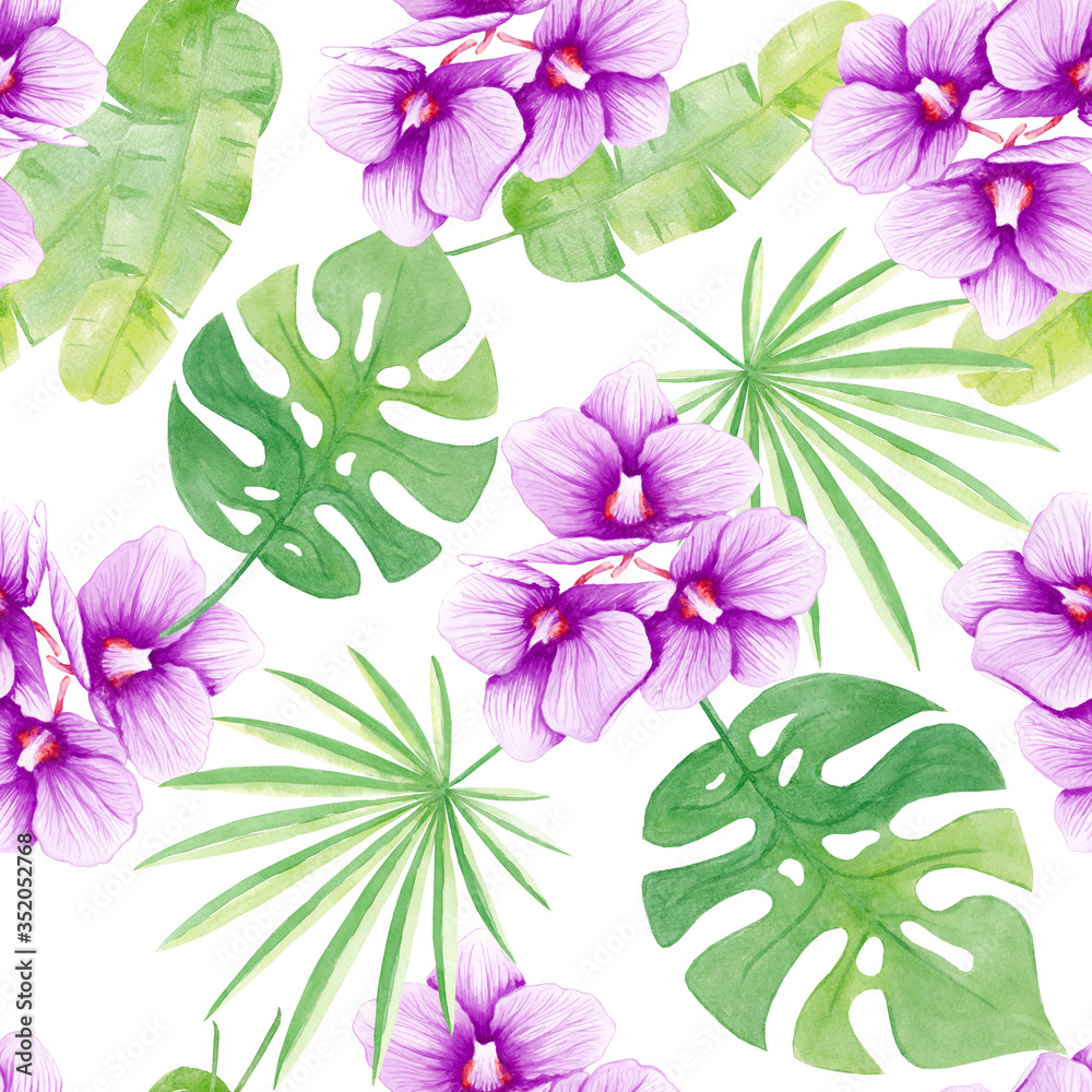 Watercolor seamless pattern tropical leaves, Orhidea. Trendy summer floral illustration. Isolated on white background. Hand drawn. Easy for design, print, fabric, invitations, cards, wall art. - obrazy, fototapety, plakaty 