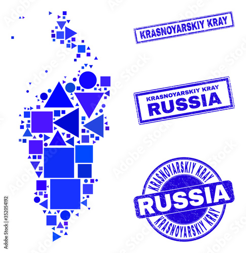 Vector mosaic Krasnoyarskiy Kray map. Geographic scheme in blue color tones, and dirty round and rectangle seal stamps. Abstract mosaic of Krasnoyarskiy Kray map created of round, triangles, photo