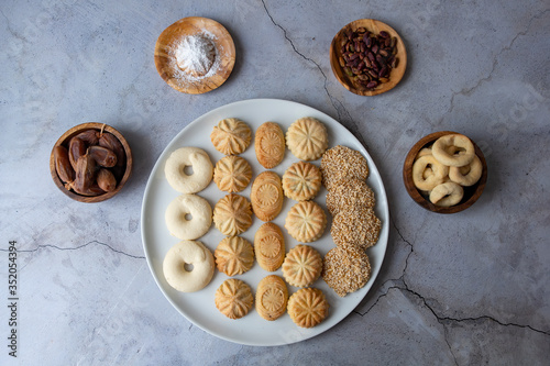 Top view ,Desserts Eid al-Fitr a different types of baked sweet Fabulous Kahk (Eid Cookies) photo