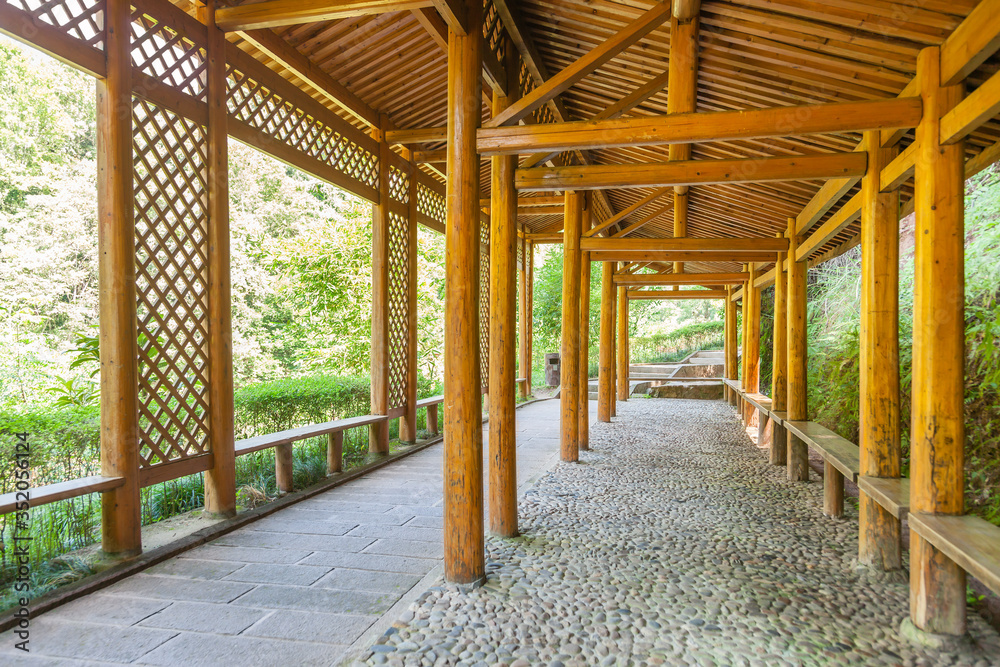 The Chinese tranditional long Corridor for leisure on mountaineering road, viewed from inside The Chinese tranditional long Corridor for leisure on mountaineering road, viewed from inside