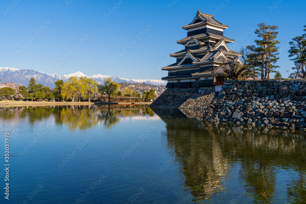 春の松本城とアルプスの山々