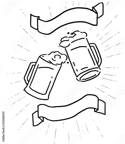 ハッピーアワー宣伝広告用ビールジョッキ乾杯ベクターモノクロイラスト（通常・文字なし）