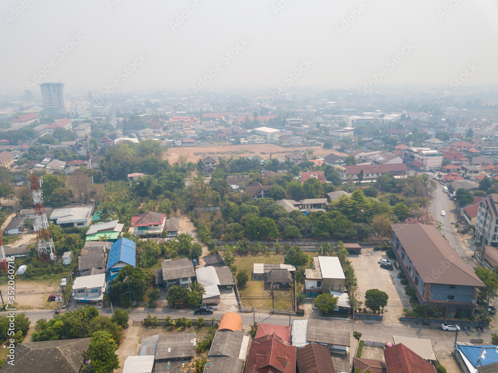 Bad air-pollution (PM2.5) covered Chiang Rai town, the Northern province in Thailand. PM2.5 levels meaning the air quality posed a health hazard.