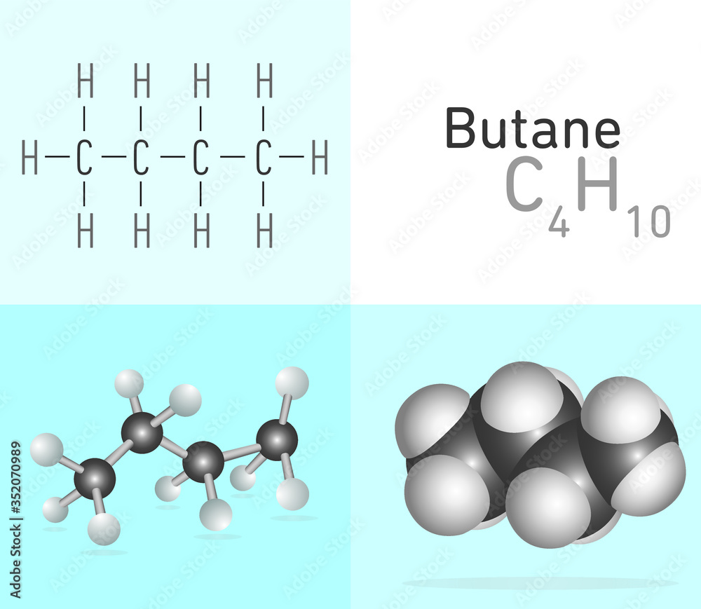 Butane (C4H10) gas molecule. Two different molecule model and chemical  formula. Ball, stick and Space filling model. Structural Chemical Formula  and Molecule Model. Chemistry Education Stock-Vektorgrafik | Adobe Stock