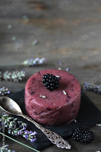 semolina pudding with blackberry and lavender watered 