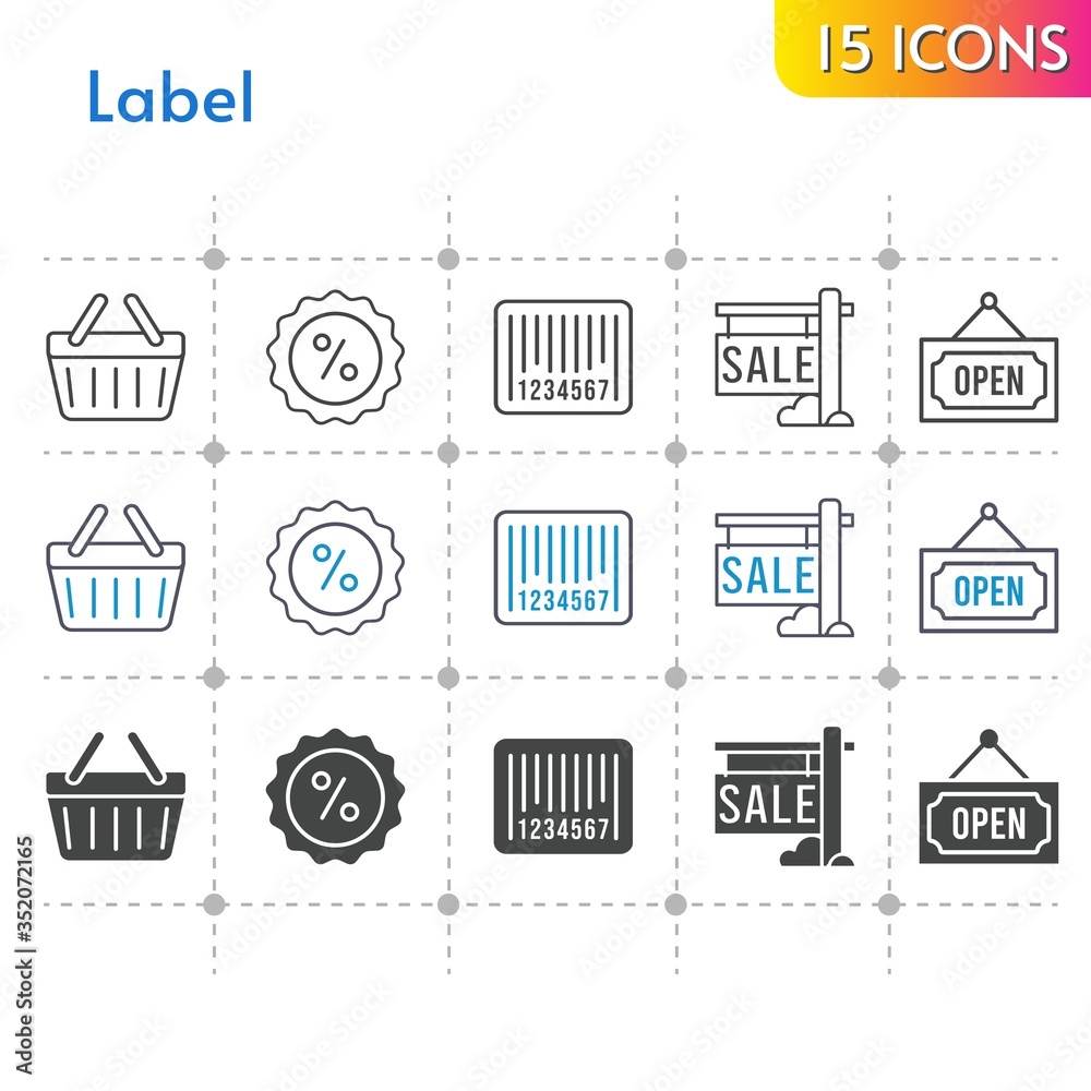 Fototapeta premium label icon set. included sale, discount, shopping-basket, barcode, shopping basket, open icons on white background. linear, bicolor, filled styles.