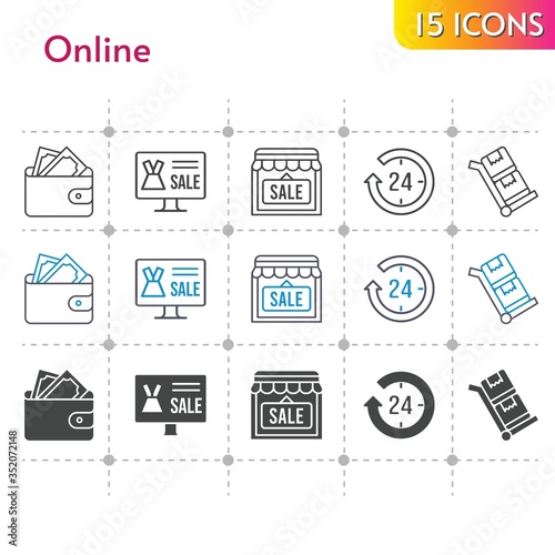 online icon set. included online shop, 24-hours, wallet, shop, trolley icons on white background. linear, bicolor, filled styles.