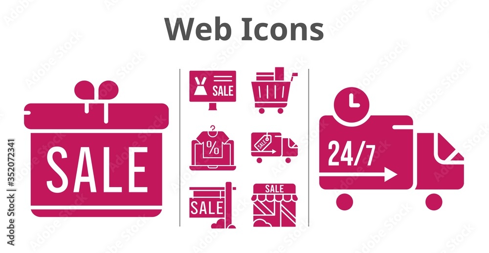 Fototapeta premium web icons set. included gift, online shop, sale, shop, shopping cart, delivery truck icons. filled styles.