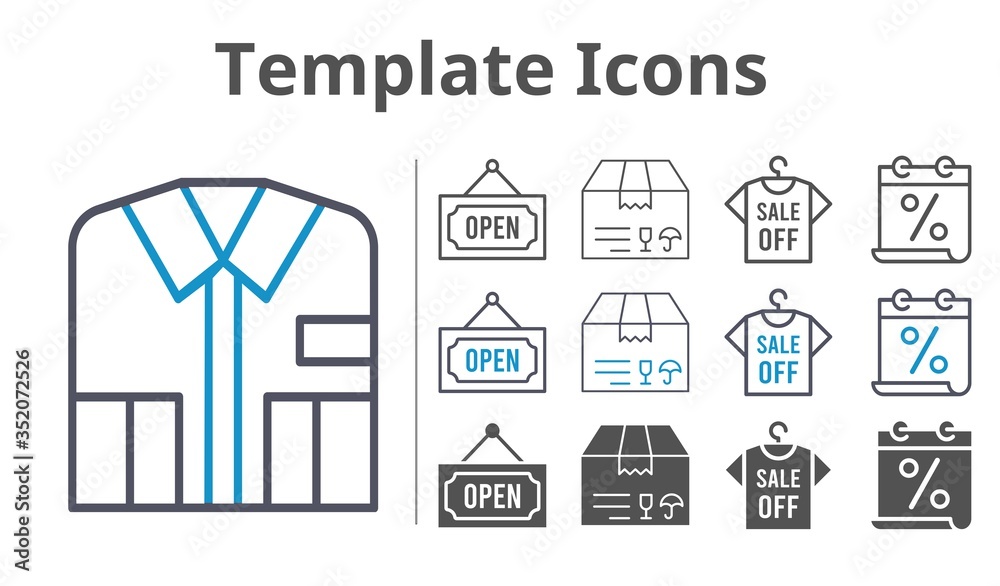 template icons icon set included calendar, shirt, package, open icons